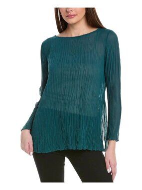 Eileen Fisher Women Crinkled Sheer Silk Bateau Neck Tunic Size XXS Aegean Green